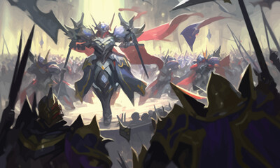 Wall Mural - A jubilant army of knights in plate armor with swords and shields responds to the cry of their holy leader, she is a woman with a huge sword and a long cloak hovering in ozduh like an angel. 2d art