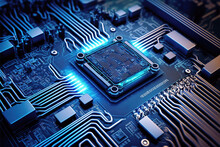 Processor On Computer Circuit Board With Microchips, Generative AI