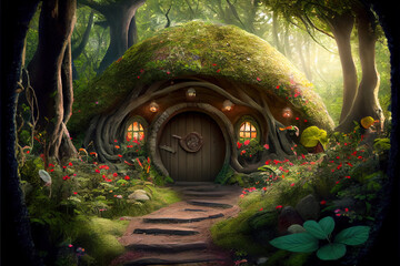 Wall Mural - Wood house with overgrown roof in fantasy magical forest