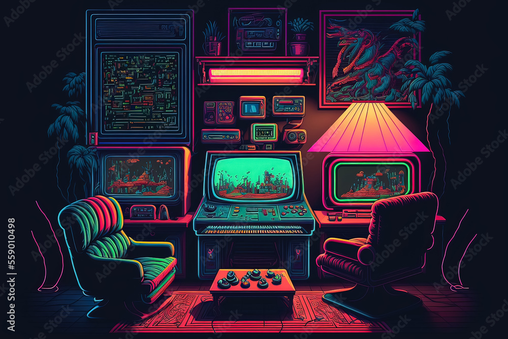 Awesome gaming setup from the 80-s. Retro gaming concept. Vintage retro room for entertainment. Greatest interior ever. Generative AI.