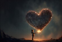 Illustration Of A Child Light Glow On Hand, The Heart Dimension With Glitter Glow Stars Flicker Above, Idea For Prayer Of Hope, Love, Peace Theme