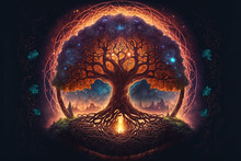 Tree Of Life Yggdrasil Norse Mythology, Center Of Universe. Magical Divine Tree Of Immortality In A Fabulous Heavenly Forest. Sacred Source Of The Planet Life. 3d Illustration. Generative Ai
