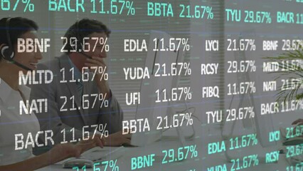 Sticker - Animation of financial data processing over business people using phone headsets