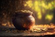 pot or cauldron full of ingot gold and golden coins inside idea for money saving , wealth and prosperity