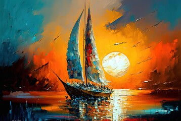 Wall Mural - oil paint style illustration of seascape with yacht, Generative AI