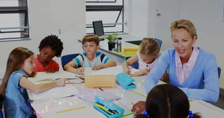 Wall Mural - Animation of data processing over caucasian female teacher with diverse schoolchildren