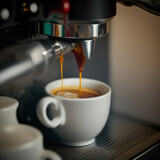Fototapeta Mapy - Coffee pouring from an espresso machine, in a white cup, close-up. Professional barista equipment.