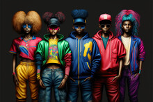 Group Of Cool 80's Young Black People, Colorful Hip Hop Clothes And Hairstyle, On Black Background. Generative AI.