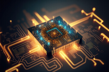 Microprocessor, 3D digital illustration. Interconnection, network, quantum computers, binary, processing.