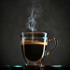 Steamy hot espresso transparent glass cup, on a black background. Close-up, side shot.