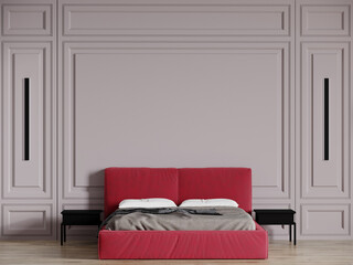 Bedroom in light gray and viva magenta color trend 2023 year panton bright furniture bed. Modern classical luxury rich room interior home design. Empty wall for art. Premium style hotel. 3d render 