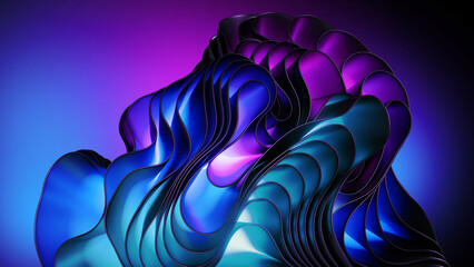 3d render, abstract pink blue background with curvy folds, layers and ribbons. Fantastic wallpaper