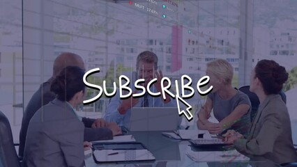 Wall Mural - Animation of subscribe text and financial data processing over business people