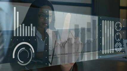 Wall Mural - Animation of statistics and data processing over businesswoman