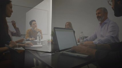 Wall Mural - Animation of cogs spinning over business people