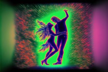 Man And Woman Dancing At Disco Club, Neon Lighting, Retro Style 1980 Palette, Minimalist Silhouettes Fashion Illustration, Concepts Of Dating, Nightlife, Generative Ai Illustration