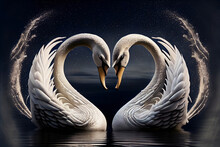 Two White Swans Forming Heart Shape. Two Swans At Night In Mystic Water Lake 3D Illustration