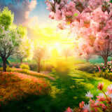 Fototapeta Kwiaty - illustration of a fantasy spring world with bright sun and cherry blossoms. High quality illustration