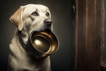 Dog with an empty bowl in a mouth, asking for food, created with Generative AI technology