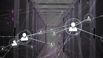 Wall Mural - Animation of network of connections over server room