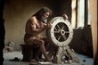 Prehistoric caveman scientist inventing a wheel, concept of trying to create something that someone else has already created,  created with Generative AI technology
