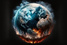 Planet Earth With Snowdrifts And Storms In The Northern Hemisphere And Heat In The Southern Hemisphere, Concept Of Climate Change, Extreme Weather, Created With Generative AI Technology