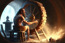 Prehistoric Caveman Scientist Inventing A Wheel, Concept Of Trying To Create Something That Someone Else Has Already Created,  Created With Generative AI Technology
