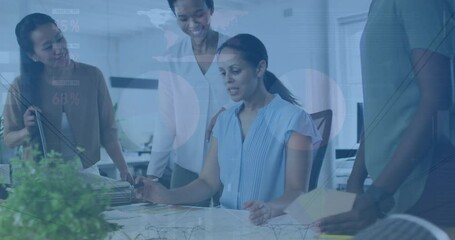 Sticker - Animation of infographic interface, transmission towers, woman explaining blueprint to coworkers