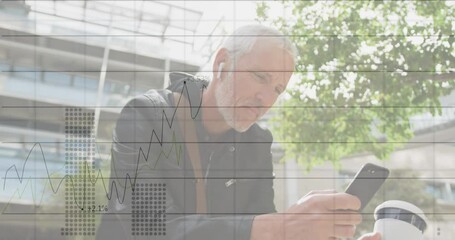 Wall Mural - Animation of financial data processing over caucasian man using smartphone