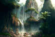 Fantasy forest waterfalls jungle scene AI Generative	
