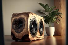 Solid wood design speaker system for home entertainment. Generative ai illustration for lovers of sound and design.