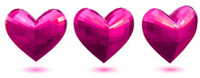 Set Of Three Volume Faceted Hearts In Pink Colors With Shadows On White Background