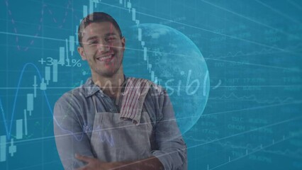 Sticker - Animation of financial data processing and globe with impossible text over caucasian male chef