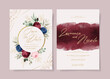 Wedding invitation template set with navy burgundy floral and leaves decoration