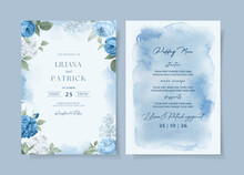 Wedding Invitation Template Set With Blue Floral And Leaves Decoration
