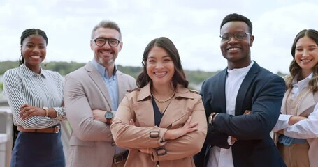 Poster - Business people, face and smile with arms crossed, teamwork or diversity for vision at finance company. Happy corporate team, laugh or funny moment for team building, outdoor or solidarity in Atlanta