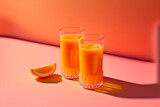 Glasses of orange juice and orange on pastel background