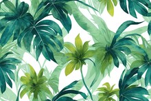 A Continuous Belt Of Tropical Vegetation. Wallpaper Pattern Painted In Watercolor. Picturesque Tropical Setting With Palm Palms. Framed With A Hand-painted Canvas Generative AI