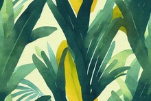 A Continuous Belt Of Tropical Vegetation. The Wallpaper Pattern Is A Repetitive Watercolor Forest Scene. Picturesque Tropical Setting With Palm Palms. Framed With A Hand-painted Canvas Generative AI