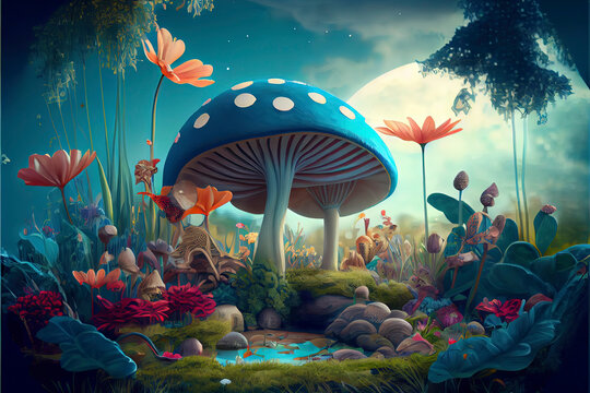 fantastic wonderland landscape with mushrooms, lilies flowers