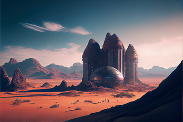 city on an alien planet, extraterrestrial buildings in beautiful landscape