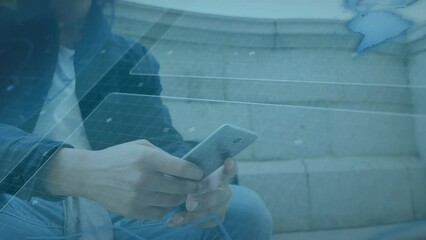 Canvas Print - A man using a mobile phone on a campus, with an animation of scope scanning and data processing on s