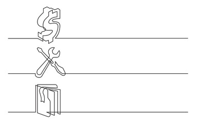Wall Mural - PNG image with transparent background of continuous line drawing of business icons: dollar sign, settings icon, document folder with bookmark
