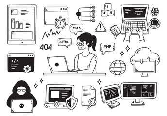 Set of Programmer Related Object Doodle, Web Programming Cartoon