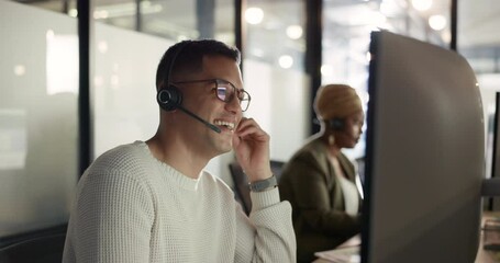 Aufkleber - Contact us, crm or happy consultant in call center talking, communication or helping with inbound marketing. Customer services, technical support or salesman speaking of life insurance on microphone