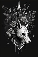 Wolf Skull Deadly Nightshade, Flowers, Black And White Splash Art