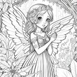 coloring book illustration of a beautiful fairy with wings in a magical forest