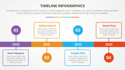 timeline infographic concept with year and square timeline description for slide presentation with 4 point list