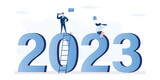 Fototapeta Natura - Confident business people uses binoculars and sitting on year numbers. New year 2023 outlook, economic forecast, future vision. Business opportunity or difficulties ahead, report or analysis.