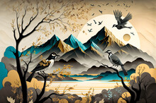 Brown Trees With Golden Flowers And Turquoise, Black And Gray Mountains In Light Yellow Background With Clouds And Birds. 3d Mural Illustration Wallpaper Landscape Art